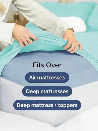 Extra Deep Cal King Fitted Sheet - Hotel Luxury Single Fitted Sheet Only - Easily Fits 18 inch to 24 inch Mattress - Ultra Soft, Wrinkle Free with Extra Deep Pockets - Breathable & Comfy - Spa Blue