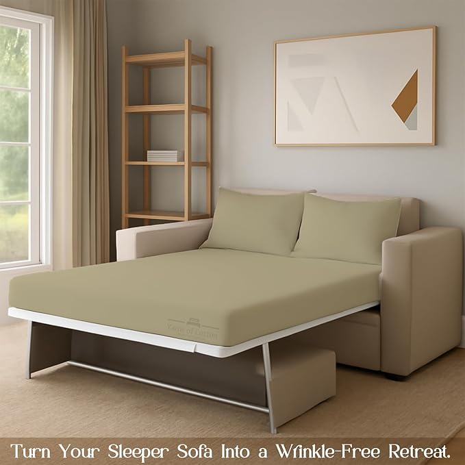 Sleeper Sofa 4 Piece Bed Sheet Set Premium Quality 100% Cotton 500 Thread Count, Smooth & Super Soft Sateen Weave, Extra Soft Bed Sheets, Wrinkle Free, 8 Inch Deep Pocket (Twin, Beige)