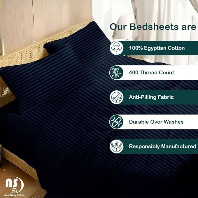 NON Sticky cotton Full Size Sleeper Sofa Sheets, 4 Piece Egyptian Cotton Bed Sheet Set for Sofa Bed, 8" Deep Pocket for Pull Out Couch Mattress, 54" x 75", Navy Blue Stripe, Soft & Breathable
