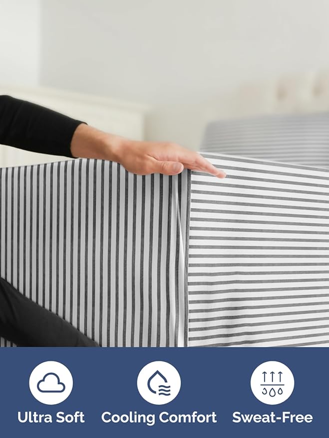 Extra Deep Full Fitted Sheet - Hotel Luxury Single Fitted Sheet Only - Easily Fits 18 inch to 24 inch Mattress - Ultra Soft, Wrinkle Free with Extra Deep Pockets - Breathable & Comfy - Grey Stripes