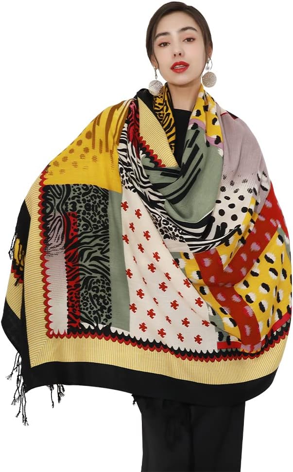 DANA XU 100% Merino Wool Pashmina Shawl for Women 96"x43", Oversized Cashmere Wrap with Tassels, Floral Travel Blanket Cape