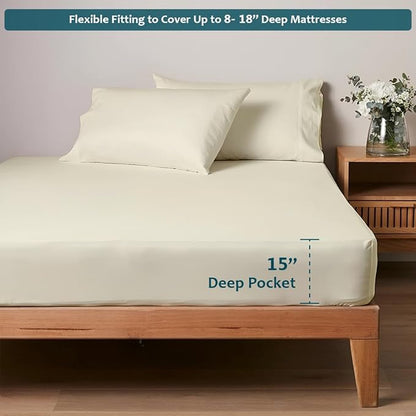 Full Size Bed Sheets Set - Luxury 338 Thread Count 100% Egyptian Cotton Sateen, Cooling Sheets, Deep Pockets with All Around Elastic for a, Hotel Quality Bedding Set (Ivory Solid)