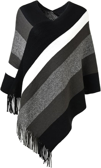 Ferand Women's Striped Poncho Sweater Cozy Knit Fringe Shawl Wraps for Fall Winter