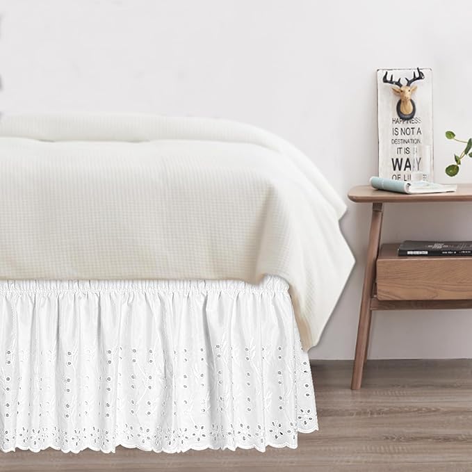 Full Bed Skirt, Wrap-Around Elastic Ruffled Eyelet Bed Skirt Full Size Dust Ruffle with Gathered Styling and Embroidered Details, 14" Drop Length (White)