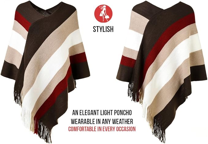 Ferand Women's Striped Poncho Sweater Cozy Knit Fringe Shawl Wraps for Fall Winter