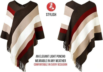 Ferand Women's Striped Poncho Sweater Cozy Knit Fringe Shawl Wraps for Fall Winter