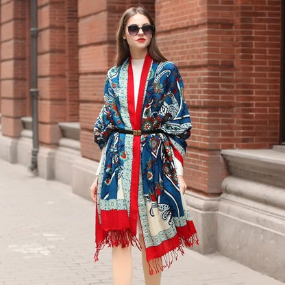 DANA XU 100% Merino Wool Extra Large Pashmina Blanket Travel Scarf Cashmere Wrap for Women Fall Winter Oversize Shawl Floral