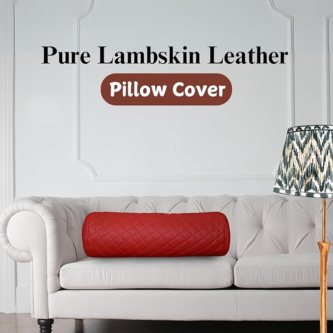 Neck Roll Pillow Cushion Cover, 14x5 Inch Full Moon Round Bolster Pillow Case, Cylinder Soft Lambskin Leather Pillowcase for Head, Spine & Neck Support During Sleep - Quilted Cherry Red Pack of 1