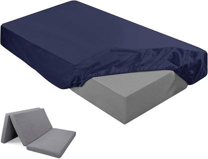 Breling Fitted Sheet (Sheet Only) Compatible with Milliard Trifold Mattress Folding Mattress Fitted Microfiber Bedsheet for Camp Bunk Rvs Bed (Navy Blue,Twin,4'')