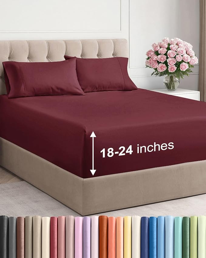 Extra Deep Pocket Queen Sheet Set - 4 Piece Breathable & Cooling Bed Sheets - Hotel Luxury Sheet Set - Soft, Wrinkle Free and Comfy - Easily Fits Extra Deep Mattresses - Deep Pocket Burgundy Sheets