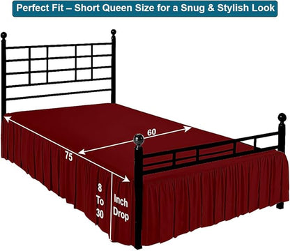 Shreem Linen Ruffled Bed Skirt with Split Corners, Gathered Style, 100% Microfiber, 21-Inch Drop, Dust Ruffle Bedskirt with Platform, Short Queen, Burgundy