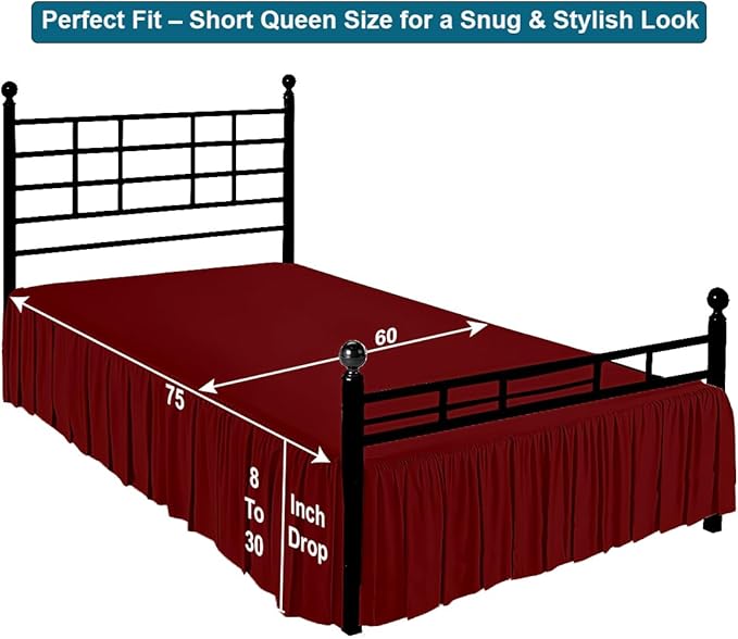 Shreem Linen Ruffled Bed Skirt with Split Corners, Gathered Style, 100% Microfiber, 8-Inch Drop, Dust Ruffle Bedskirt with Platform, Short Queen, Burgundy