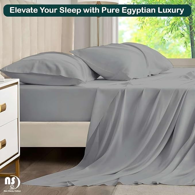 NON Sticky cotton Queen Size Sleeper Sofa Sheets, 4 Piece Egyptian Cotton Bed Sheet Set for Sofa Bed, 10" Deep Pocket for Pull Out Couch Mattress, 60" x 75", Light Grey Solid, Soft & Breathable