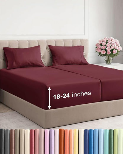 Extra Deep Pocket Split King Sheets - 5 Piece Breathable & Cooling Bed Sheets - Hotel Luxury Sheet Set - Soft, Wrinkle Free & Comfy - Easily Fits Extra Deep Mattresses - Deep Pocket Burgundy Sheets