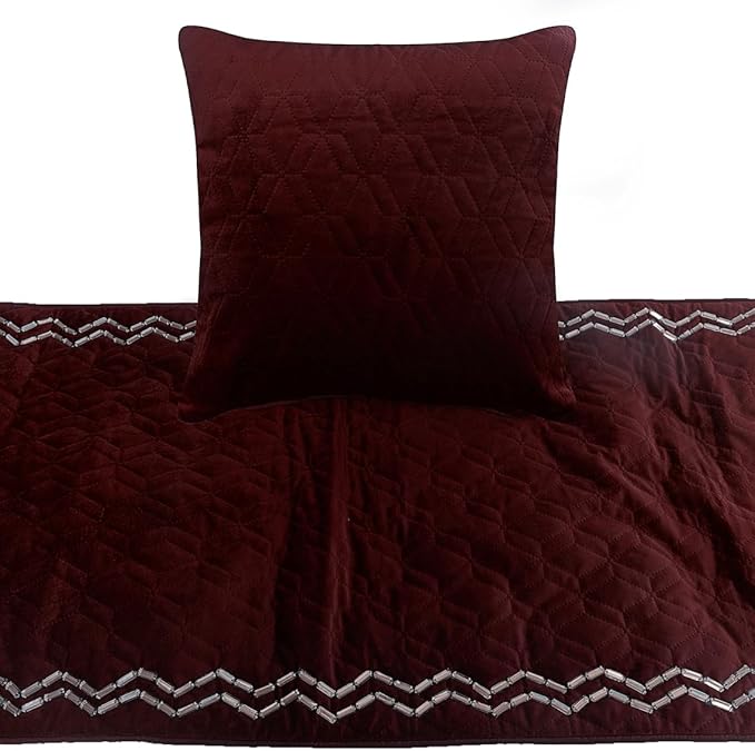 The HomeCentric King Queen Twin Deep Wine Designer CA King 86"x18" Bed Runner with 2 Pillow Cover, Quilted & Crystals Bed Scarf on Velvet Fabric - Diamond Symphony