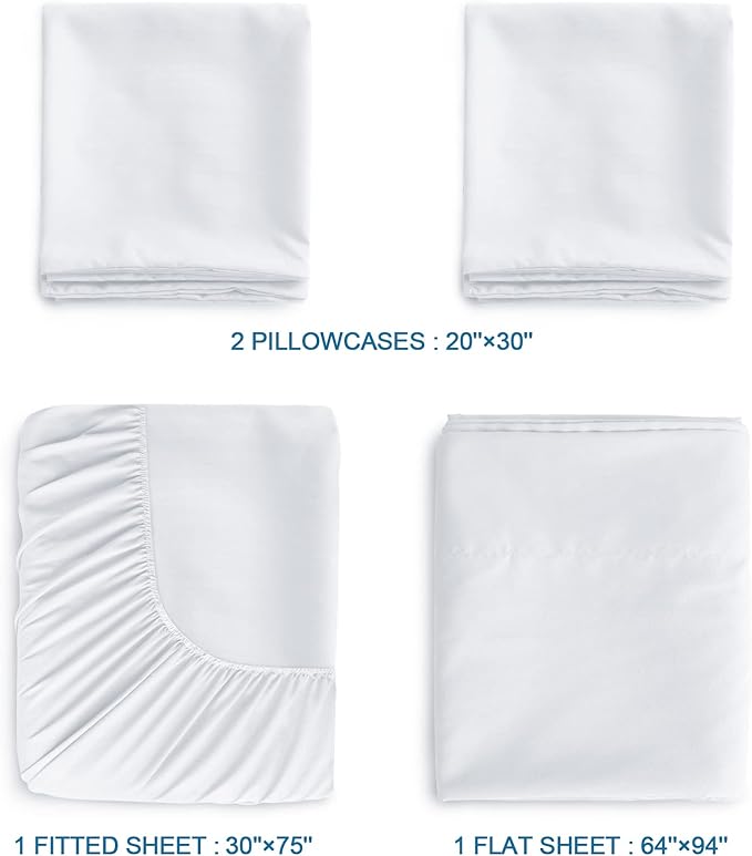 SPRINGSPIRIT Cot Sheets - 30" x 75" x 9", 4 Piece Set, Fitted Sheets for Twin/Camp Bunk/RV Bunk/Guest Beds, White
