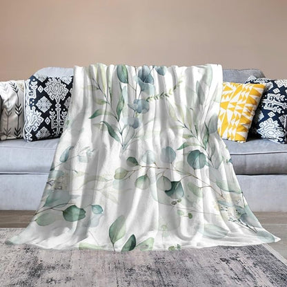Eucalyptus Leaf Throw Blanket, Watercolor Floral Spring Botanical Green Plants Herb Print Cozy Plush Blanket for Bedroom Living Rooms Sofa Couch, 60"x80"