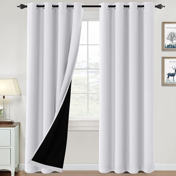 H.VERSAILTEX 100% Blackout Curtains for Bedroom Thermal Insulated Blackout Curtains 96 inch Length Full Light Blocking Curtains for Living Room with Black Liner 2 Panels Set, Pure White
