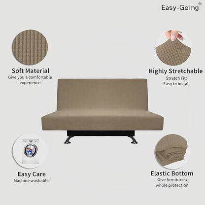 Easy-Going Stretch Futon Slipcover Armless Futon Bed Cover Furniture Protector Without Armrests with Elastic Bottom for Kids, Soft Jacquard Fabric Small Checks (Medium, Natural)