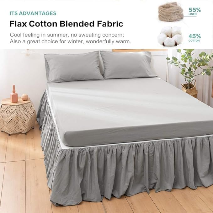 BISELINA French Linen Bed Skirt with Pleated Frills 14-Inch Tailored Drop Natural Flax Cotton Blend Dust Ruffle Soft Cozy Farmhouse Bedding (14" Queen, Grey)