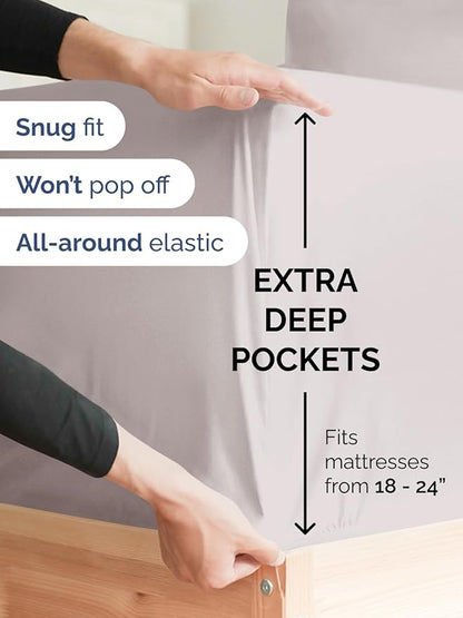 Extra Deep Full Fitted Sheet - Hotel Luxury Single Fitted Sheet Only - Easily Fits 18 inch to 24 inch Mattress - Ultra Soft, Wrinkle & Fade Free w/Extra Deep Pockets - Breathable & Comfy - Light Grey