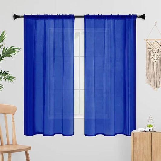 Sheer Curtains 72 Inches Long 2 Panels, Rod Pocket Short Curtain for Kitchen, Bedroom, Cafe Window(Blue Sapphire 38" W x 72" L)