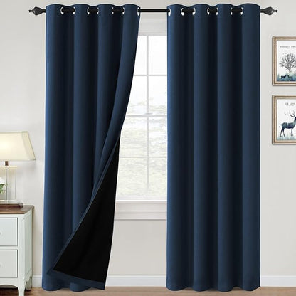 H.VERSAILTEX 100% Blackout Curtains for Bedroom Thermal Insulated Blackout Curtains 108 inch Length Heat and Full Light Blocking Curtains for Living Room with Black Liner 2 Panels Set, Navy