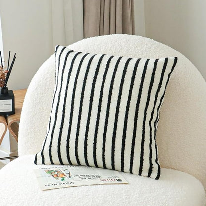 Jonhier White Striped Boho Throw Pillow Cover, Modern Boucle Textured Square Pillowcase for Sofa Couch Bed, Neutral Farmhouse Accent Decorative Cushion Cover for Living Room Bedroom, 20 x 20 inch