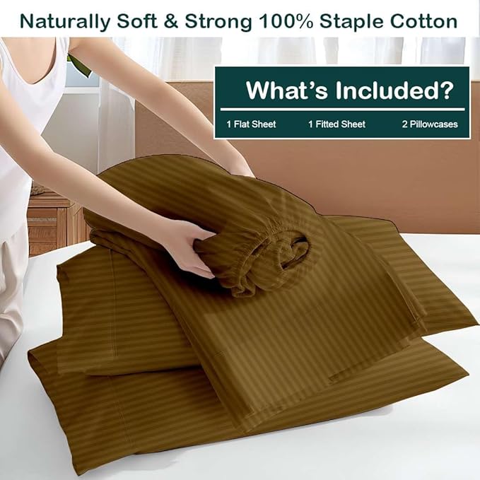 NON Sticky cotton Queen Size Sleeper Sofa Sheets, 4 Piece Egyptian Cotton Bed Sheet Set for Sofa Bed, 8" Deep Pocket for Pull Out Couch Mattress, 60" x 75", Taupe Stripe, Soft & Breathable