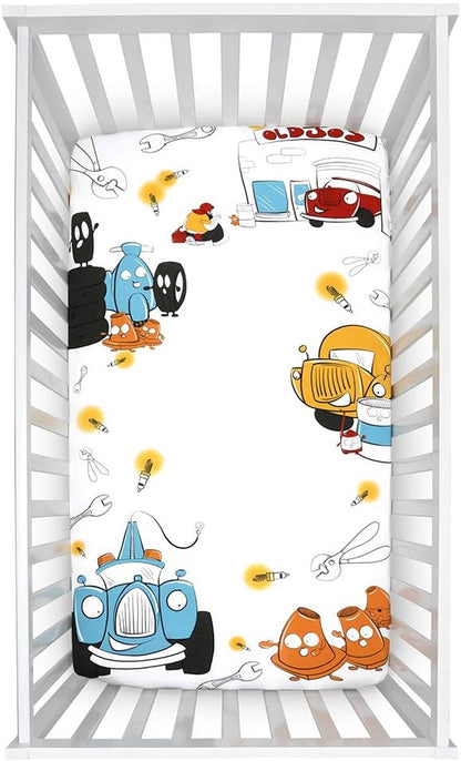 JumpOff Jo - Fitted Crib Sheet, Super Soft 100% Cotton Sheet for Standard Crib Mattresses and Toddler Beds, 28 in. x 52 in., Storytelling Designs - Jo's Garage (White)