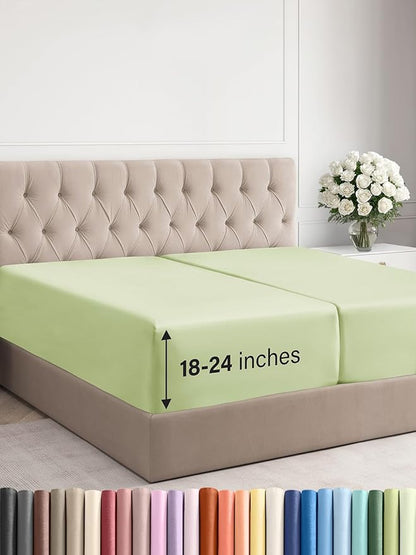 Extra Deep Split King Fitted Sheet - Hotel Luxury Single Fitted Sheet Only - Easily Fits 18 to 24 inch Mattress - Ultra Soft, Wrinkle Free w/Extra Deep Pockets - Breathable & Comfy - Light Sage Green