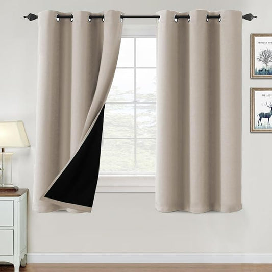 H.VERSAILTEX 100% Blackout Curtains for Bedroom Thermal Insulated Blackout Curtains Heat and Full Light Blocking Curtains for Living Room with Black Liner 2 Panels Set, 42 x 63 Inch, Natural