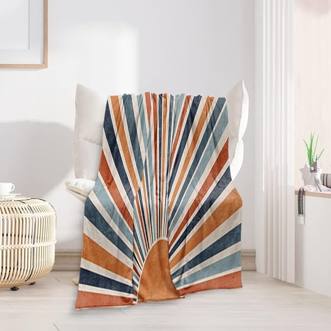 Boho Colorful Sunrise Throws Blankets Abstract Mid Century Modern Throw Blanket Minimalist Sun Boho Leaves Aesthetic Soft Warm Bed Bedding Women Blankets for Couch Sofa Office 30"x40"
