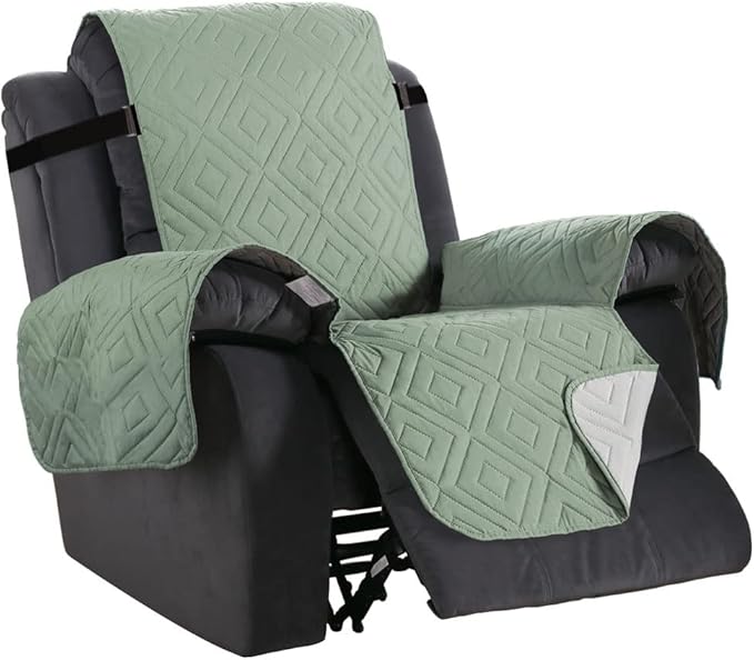 H.VERSAILTEX Reversible Quilted Recliner Covers Water Resistant Furniture Protector for Reclienr Chair with Elastic Straps for Pets Kids Sitting Width Up to 28"(Oversized Recliner, Desert Sage/Beige)