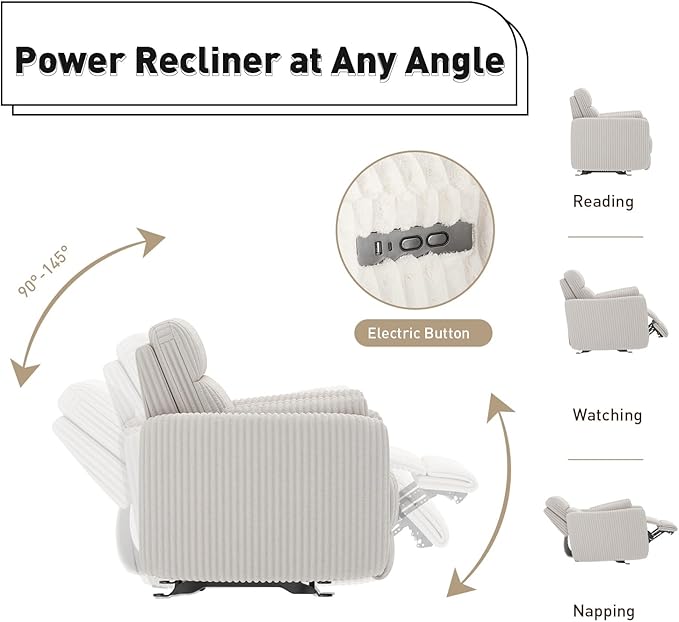 Bonzy Home Oversized Electric Recliner Chair for Adults with Extra-Wide Seat Cushion, Overstuffed Corduroy Power Recliner, Modern Round Single Sofa with 2 Pillows for Living Room, Bedroom, Beige