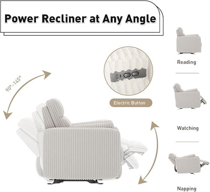 Bonzy Home Oversized Electric Recliner Chair for Adults with Extra-Wide Seat Cushion, Overstuffed Corduroy Power Recliner, Modern Round Single Sofa with 2 Pillows for Living Room, Bedroom, Beige