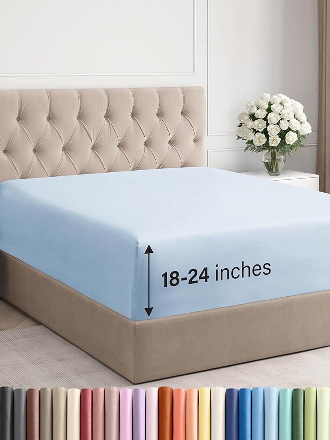 Extra Deep Cal King Fitted Sheet - Hotel Luxury Single Fitted Sheet Only - Easily Fits 18 inch to 24 inch Mattress - Ultra Soft, Wrinkle Free with Extra Deep Pockets - Breathable & Comfy - Sky Blue