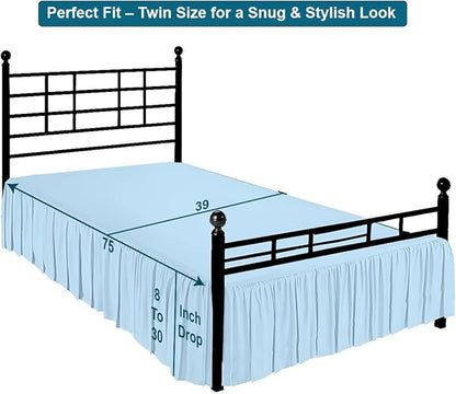 Shreem Linen Ruffled Bed Skirt with Split Corners, Gathered Style, 100% Microfiber, 15-Inch Drop, Dust Ruffle Bedskirt with Platform, Twin, Light Blue