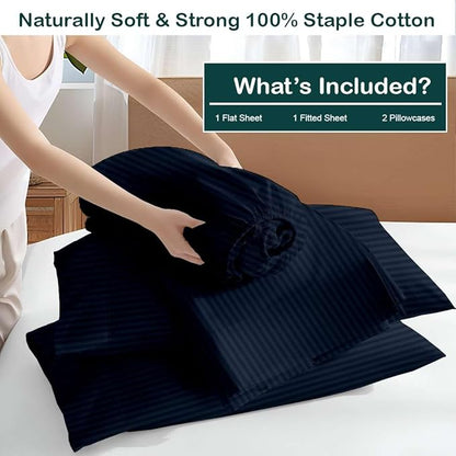 NON Sticky cotton Full Size Sleeper Sofa Sheets, 4 Piece Egyptian Cotton Bed Sheet Set for Sofa Bed, 8" Deep Pocket for Pull Out Couch Mattress, 54" x 75", Navy Blue Stripe, Soft & Breathable