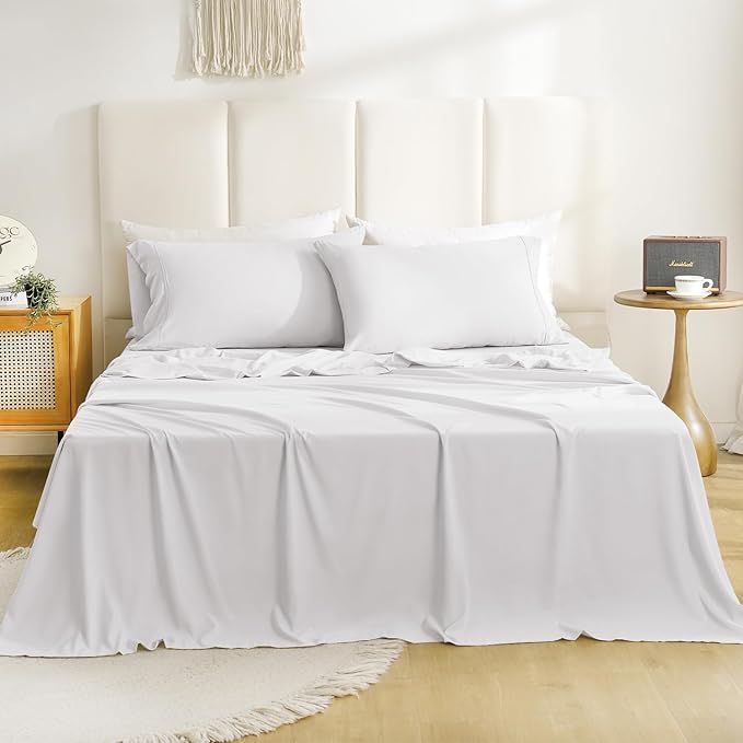 California King Sheet Sets-4 Pcs Silky Soft Breathable Bed Sheet Set,16" Deep Pocket for Mattress,Hotel Luxury Clearance full size sheet sets,Wrinkle Free,Easy Care Cooling Bedding Sheets （White）