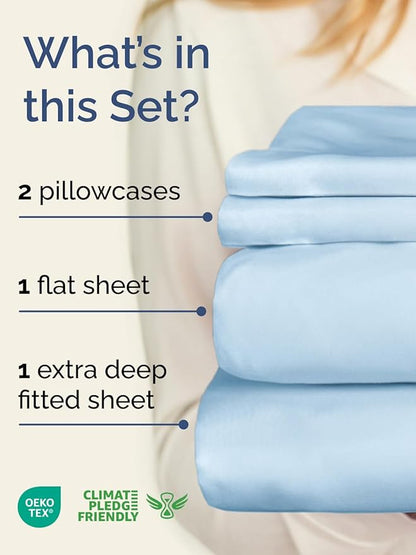 Extra Deep Pocket Cal King Sheets - 4 Piece Breathable & Cooling Bed Sheets - Hotel Luxury Sheet Set - Soft, Wrinkle Free & Comfy - Easily Fits Extra Deep Mattresses - Deep Pocket Light Blue Sheets