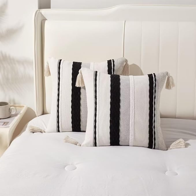 Boho Throw Pillow Covers 18x18 Set of 2 Woven Tufted Farmhouse Pillows Cover with Tassels Textured Stripe Cushion Case Neutral Pillow Cases Decorative Pillowcase for Couch,Black and White
