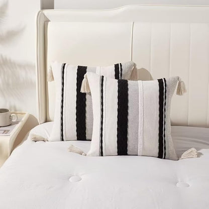 Boho Throw Pillow Covers 18x18 Set of 2 Woven Tufted Farmhouse Pillows Cover with Tassels Textured Stripe Cushion Case Neutral Pillow Cases Decorative Pillowcase for Couch,Black and White