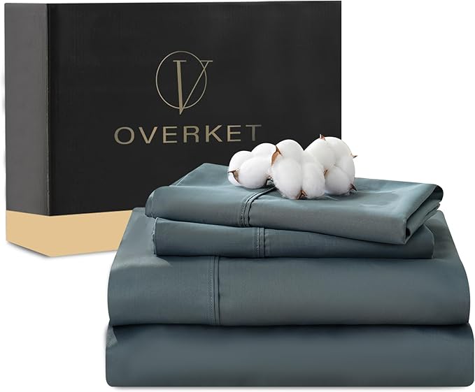 1000 Thread Count Egyptian Cotton Sheets Queen Size Set 4PCS Sateen Weave Soft Breathable 16-Inch Deep Pocket（Queen,Lake Blue）