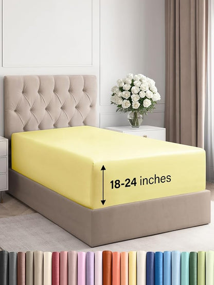 Extra Deep Twin XL Fitted Sheet - Hotel Luxury Single Fitted Sheet Only - Easily Fits 18 inch to 24 inch Mattress - Ultra Soft, Wrinkle & Fade Free w/Extra Deep Pockets - Breathable & Comfy - Yellow