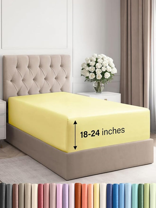Extra Deep Twin XL Fitted Sheet - Hotel Luxury Single Fitted Sheet Only - Easily Fits 18 inch to 24 inch Mattress - Ultra Soft, Wrinkle & Fade Free w/Extra Deep Pockets - Breathable & Comfy - Yellow