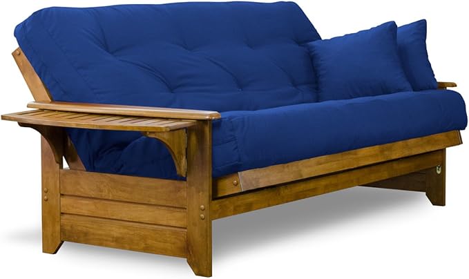 Nirvana Futons Brentwood Tray Arm Futon Sofabed Set - Full Frame, 8" Royal Blue Mattress, Rich Heritage Finish