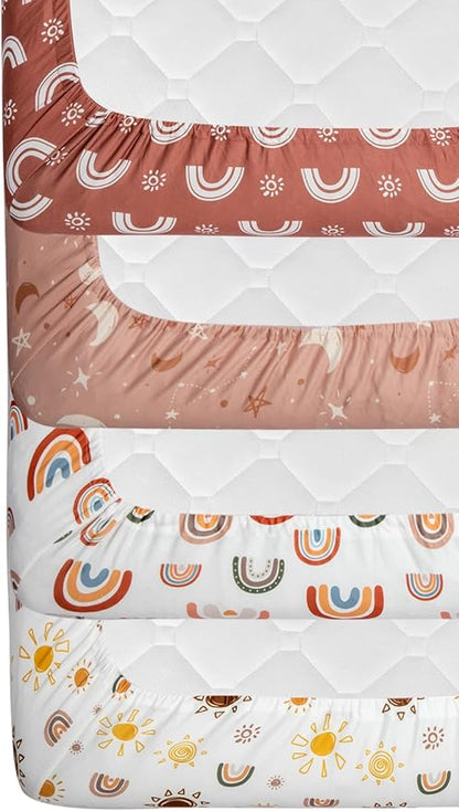 4 Pack Crib Sheets Boho Nursery Sheets Sunshine and Rainbow Desdign Neutral Unisex Fitted Baby Standard Crib Sheets for Baby Boys or Girls (Crib Sheets)