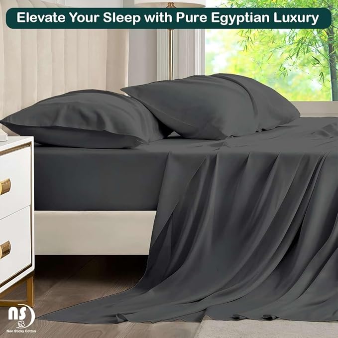 NON Sticky cotton Queen Size Sleeper Sofa Sheets, 4 Piece Egyptian Cotton Bed Sheet Set for Sofa Bed, 8" Deep Pocket for Pull Out Couch Mattress, 60" x 75", Dark Grey Solid, Soft & Breathable