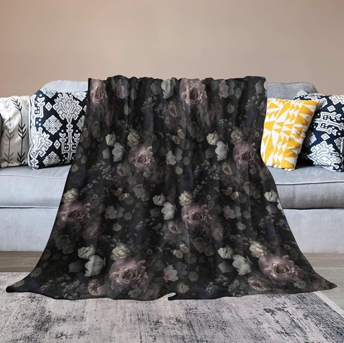 Vintage Gothic Floral Blanket, Black Pink Flower Rose Black Garden Roses Blooming Boho Throw Blankets for Home Bedding Couch Decor, 50"x60"